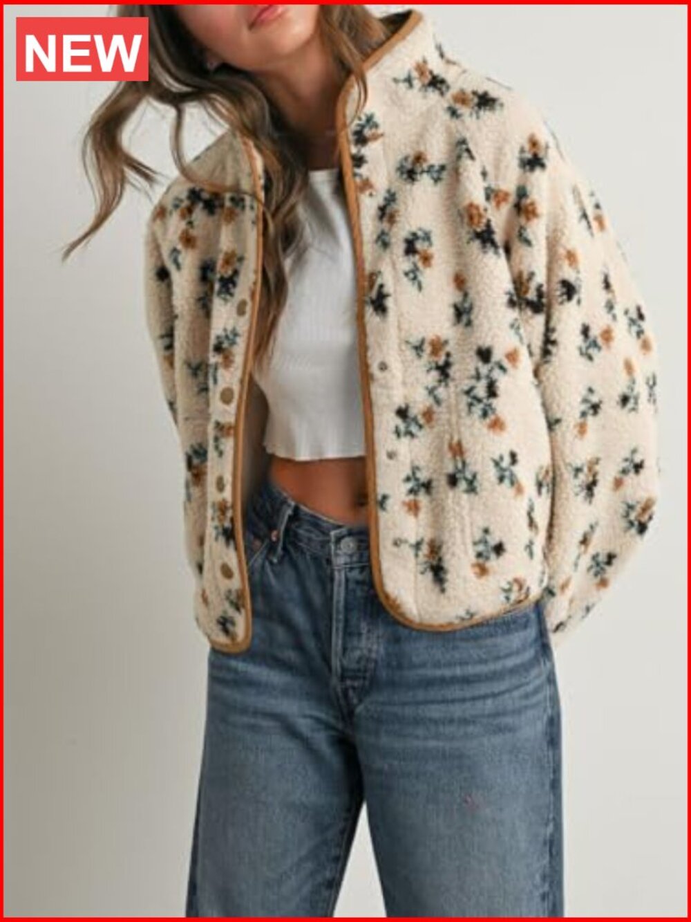 Fluffy Teddy Fleece Jacket with Snap Buttons and Pockets - Picture 5 of 7